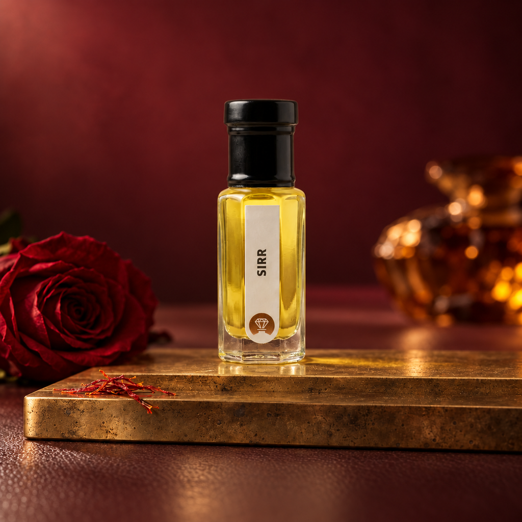 Sirr by Ibn Arabi 6ml attar bottle, front view in the burgundy and saffron studio setting.