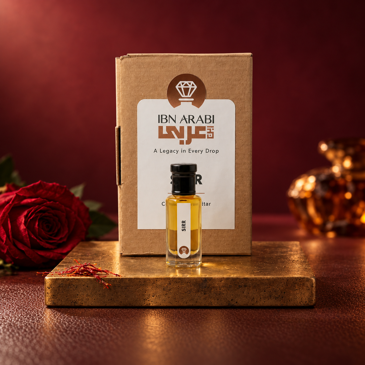 Sirr by Ibn Arabi 6ml attar bottle beside its labelled packaging box.