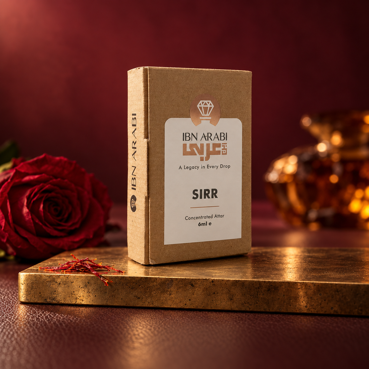 Sirr by Ibn Arabi 6ml attar packaging box, angled view.