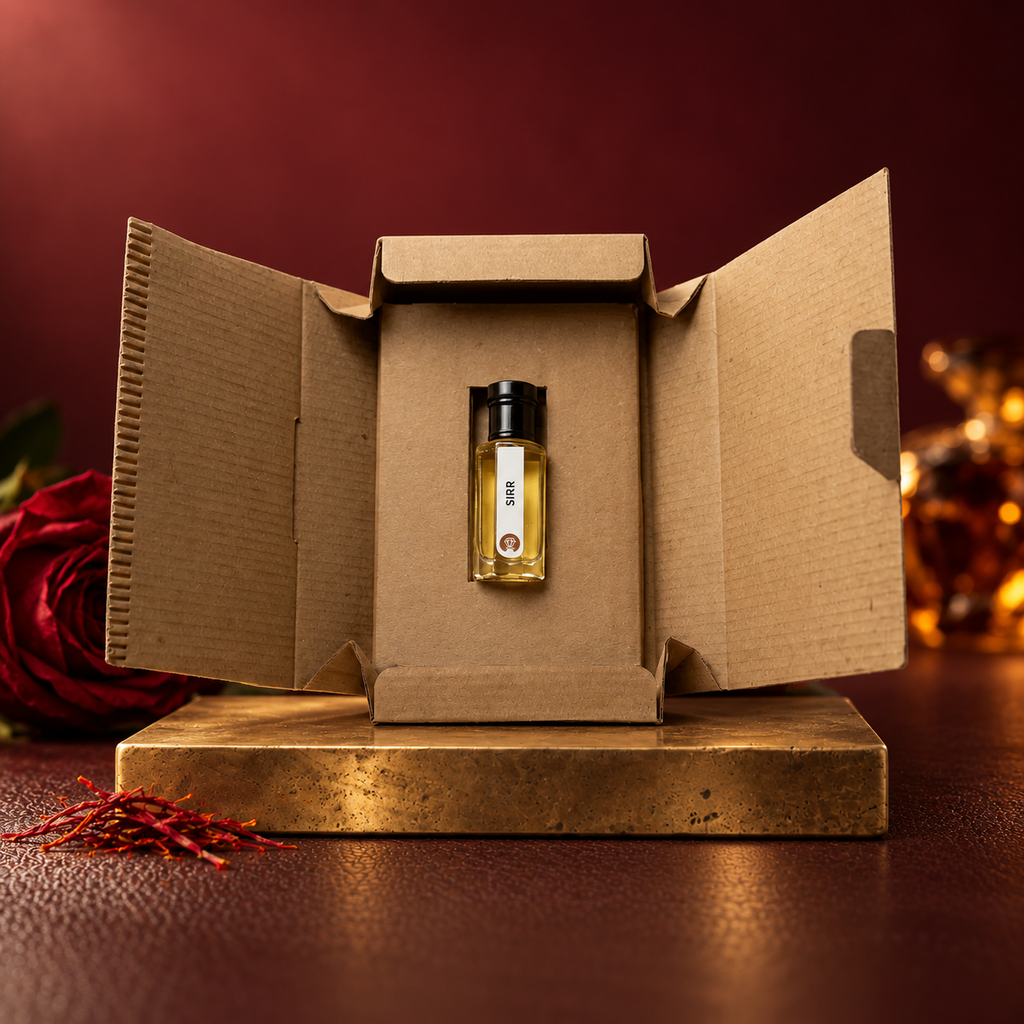 Sirr by Ibn Arabi 6ml attar bottle presented inside its open packaging box.