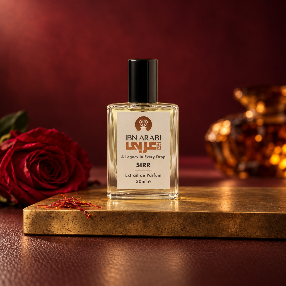 Sirr by Ibn Arabi 30ml perfume bottle, front view in the burgundy and saffron studio setting.