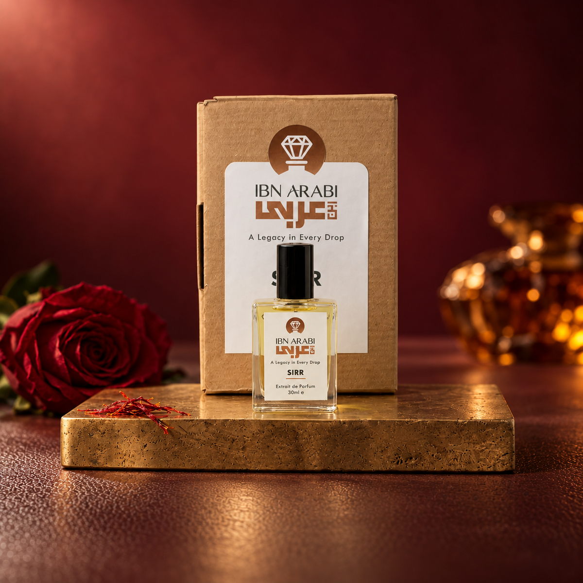 Sirr by Ibn Arabi 30ml perfume bottle beside its labelled packaging box.