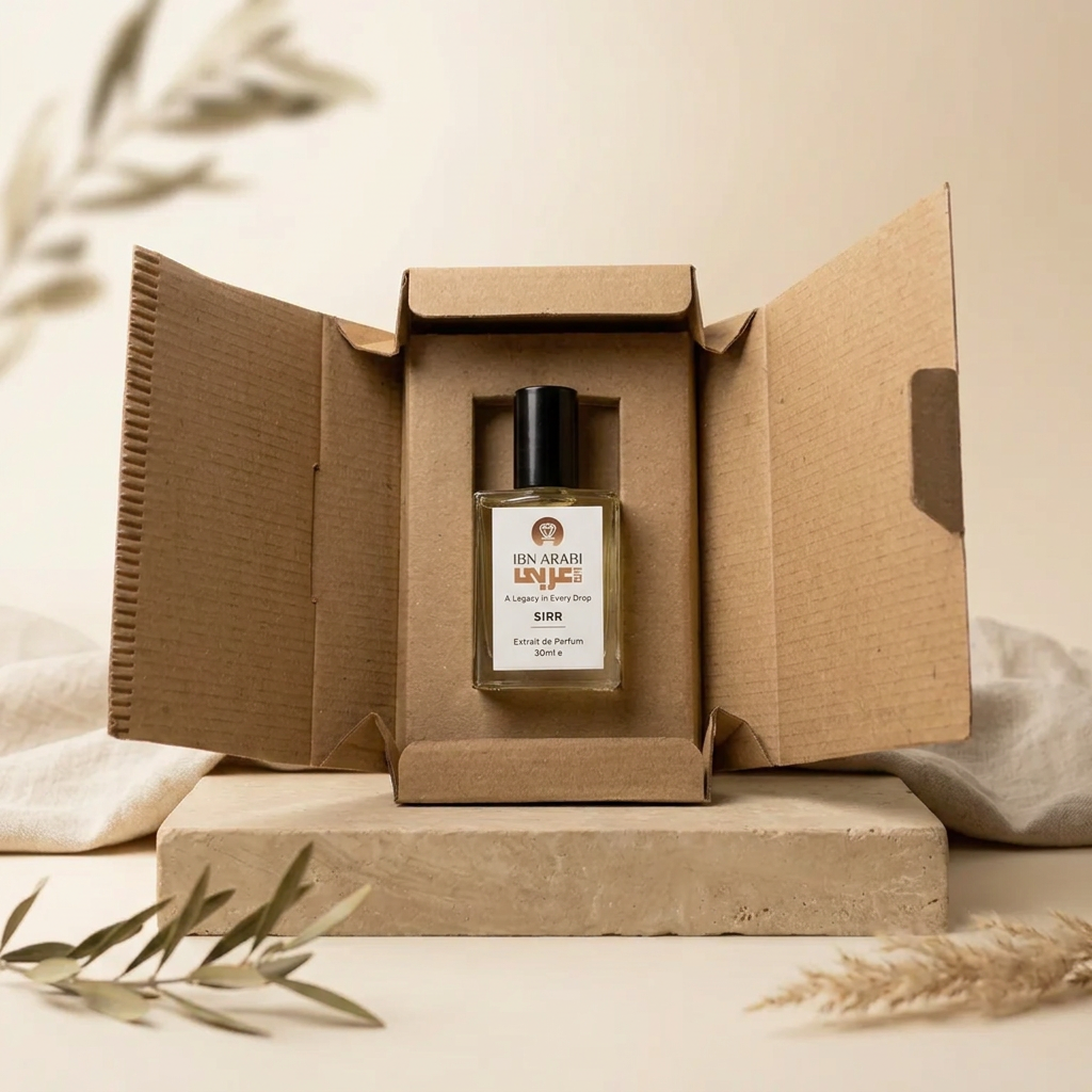 Sirr by Ibn Arabi 30ml perfume bottle presented inside its open packaging box.