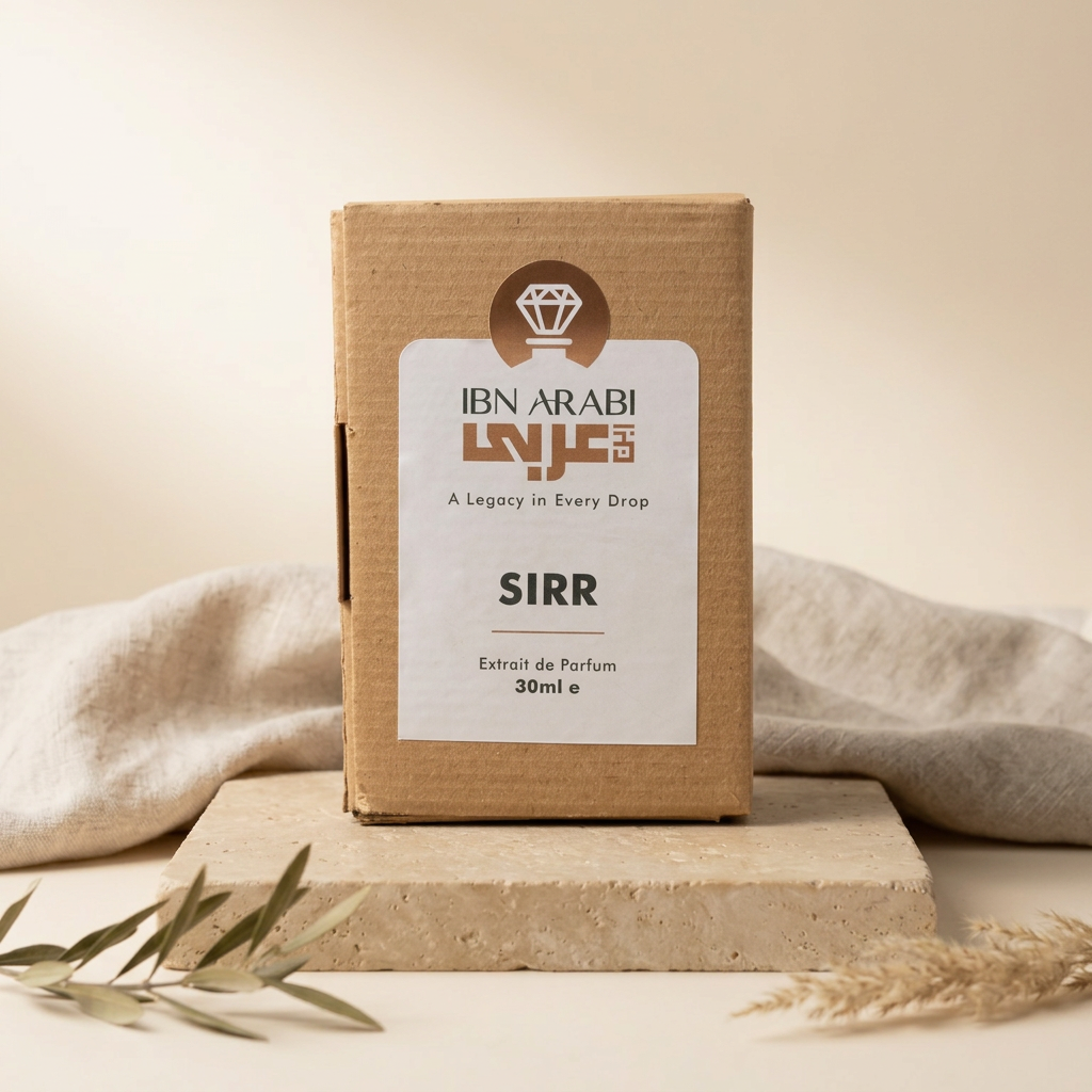 Sirr by Ibn Arabi 30ml perfume packaging box, front view.