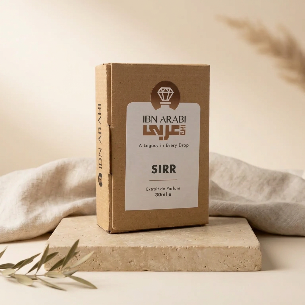 Sirr by Ibn Arabi 30ml perfume packaging box, angled view.
