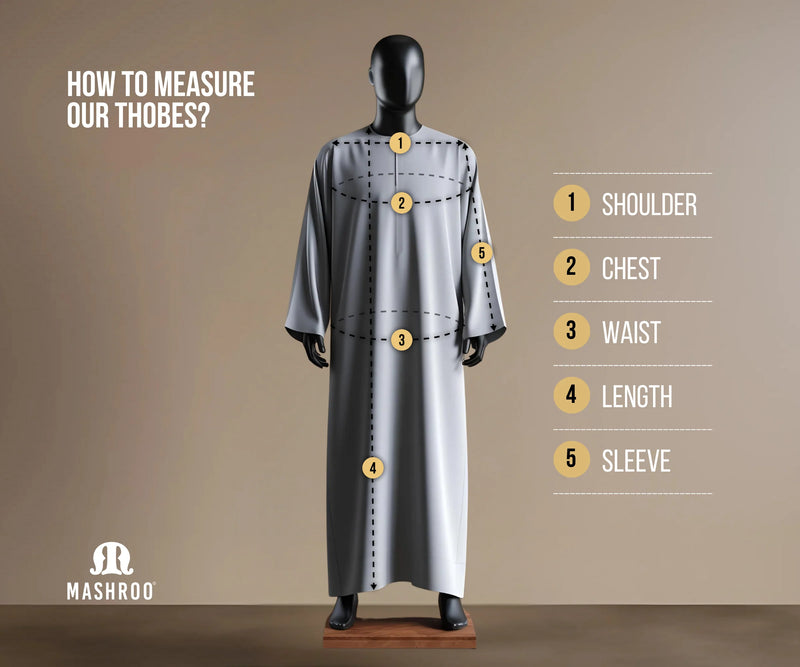 Mannequin wearing a gray thobe with measurement points labeled on a beige background, featuring the Mashroo brand.Zagora Grey Moroccan Thobe for Men by Mashroo