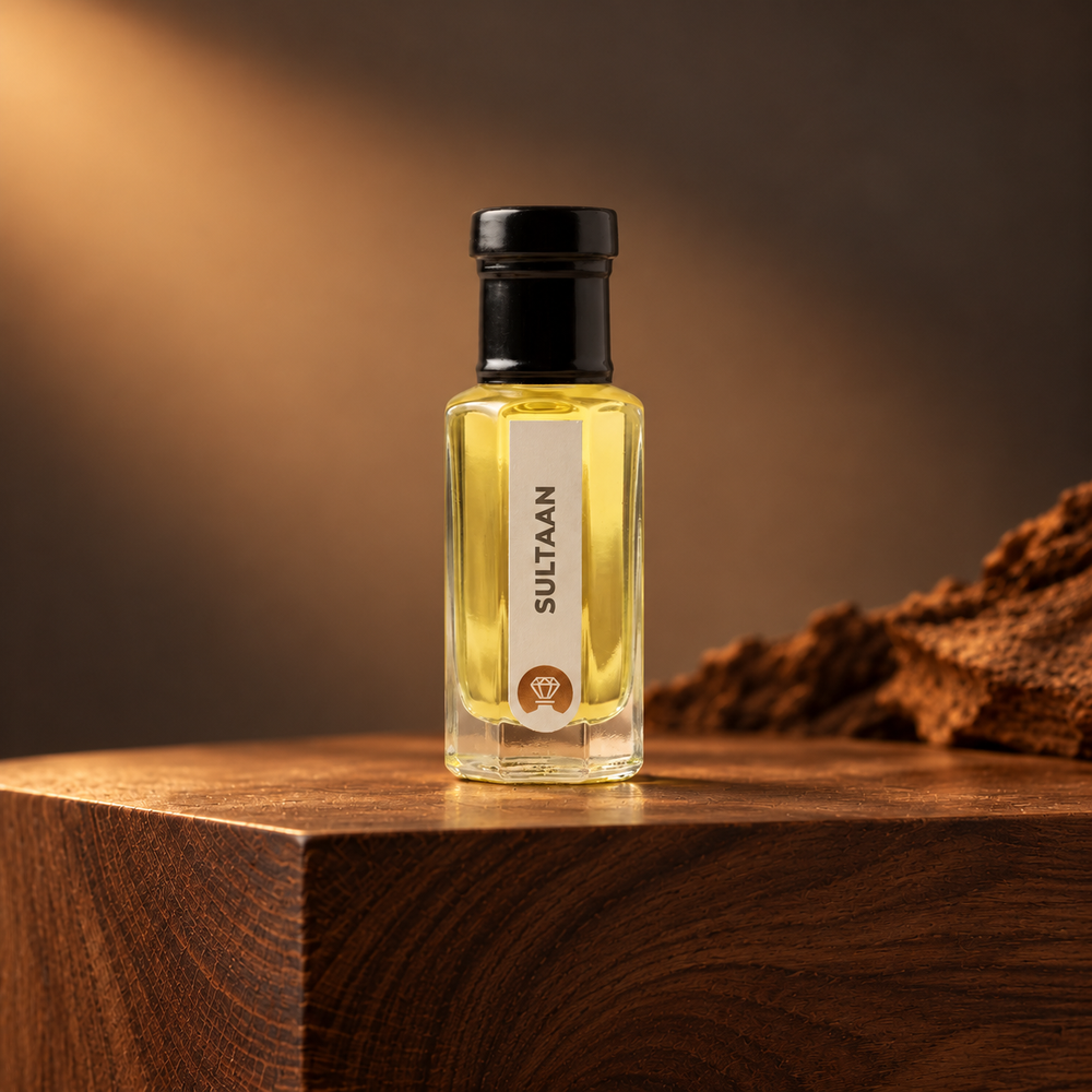 Sultaan by Ibn Arabi 6ml attar bottle, front view in the amber wood chamber studio setting.