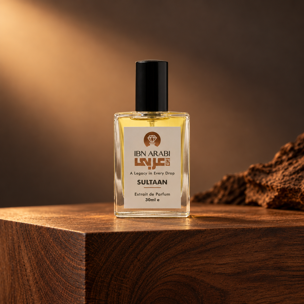 Sultaan by Ibn Arabi 30ml perfume bottle, front view in the amber wood chamber studio setting.