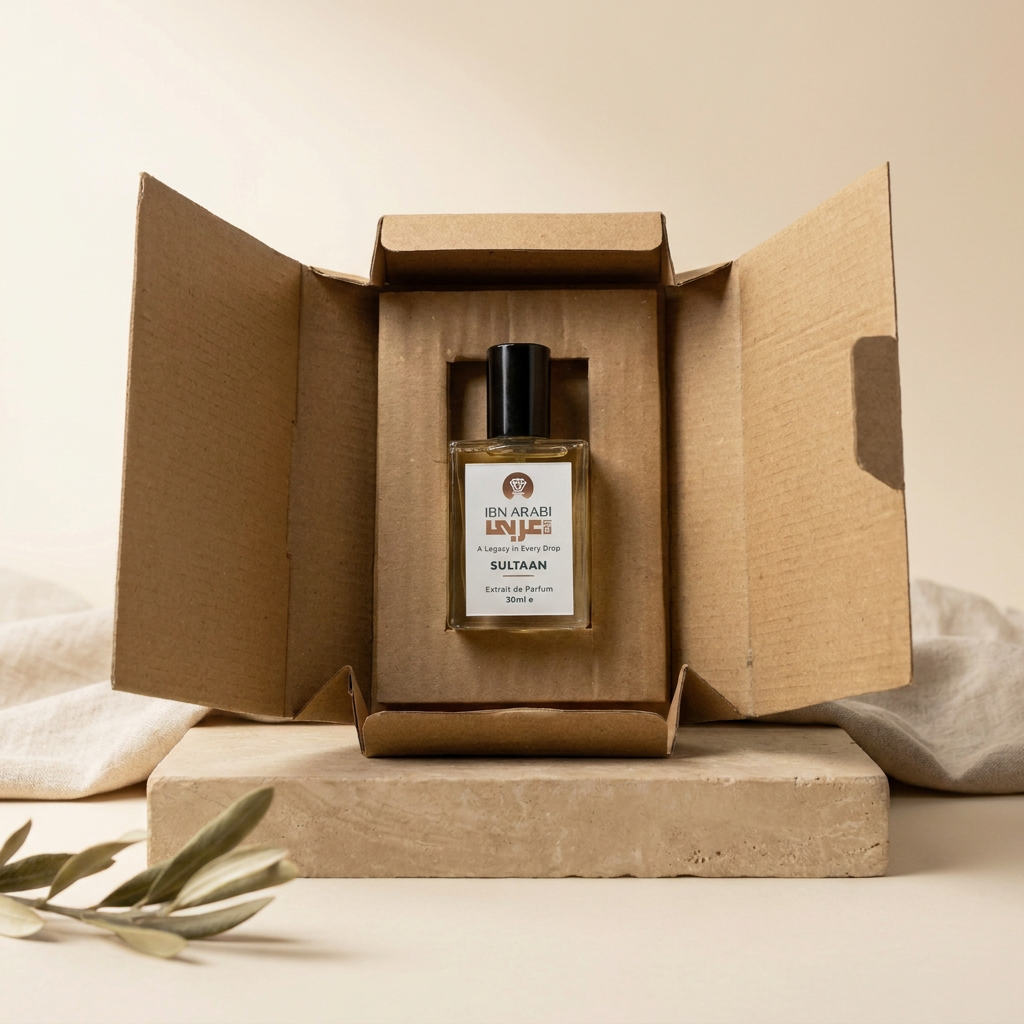 Sultaan by Ibn Arabi 30ml perfume bottle presented inside its open packaging box.