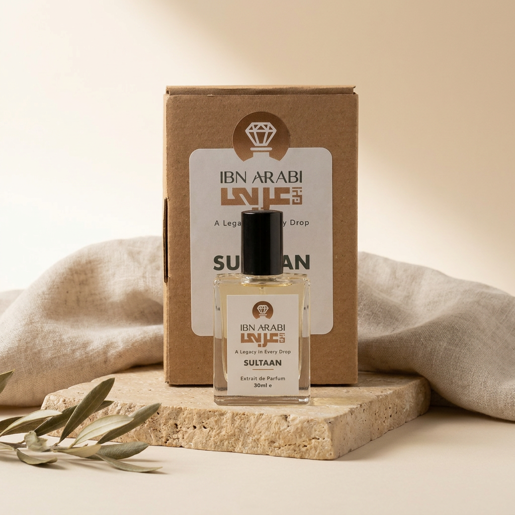 Sultaan by Ibn Arabi 30ml perfume bottle beside its labelled packaging box.