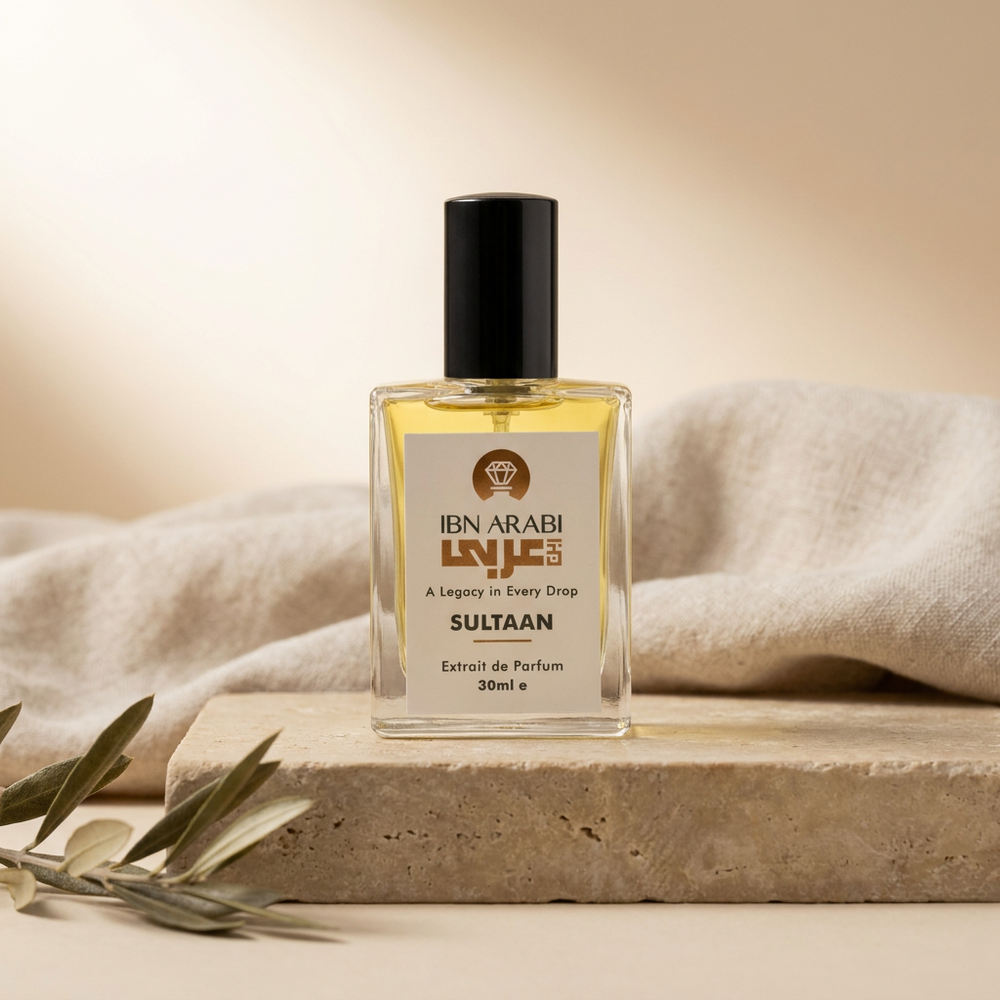 Sultaan by Ibn Arabi 30ml perfume bottle, front view on a stone display.