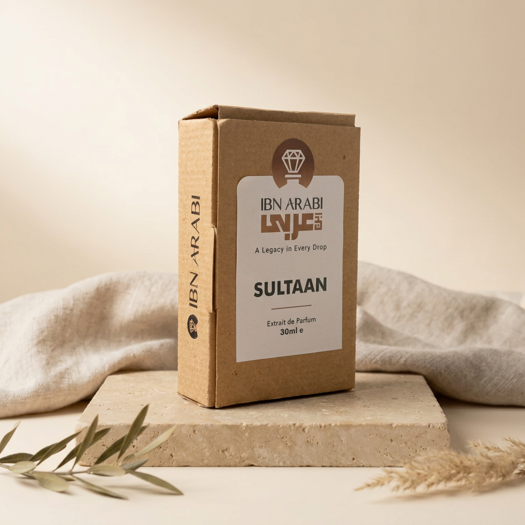 Sultaan by Ibn Arabi 30ml perfume packaging box, angled view.