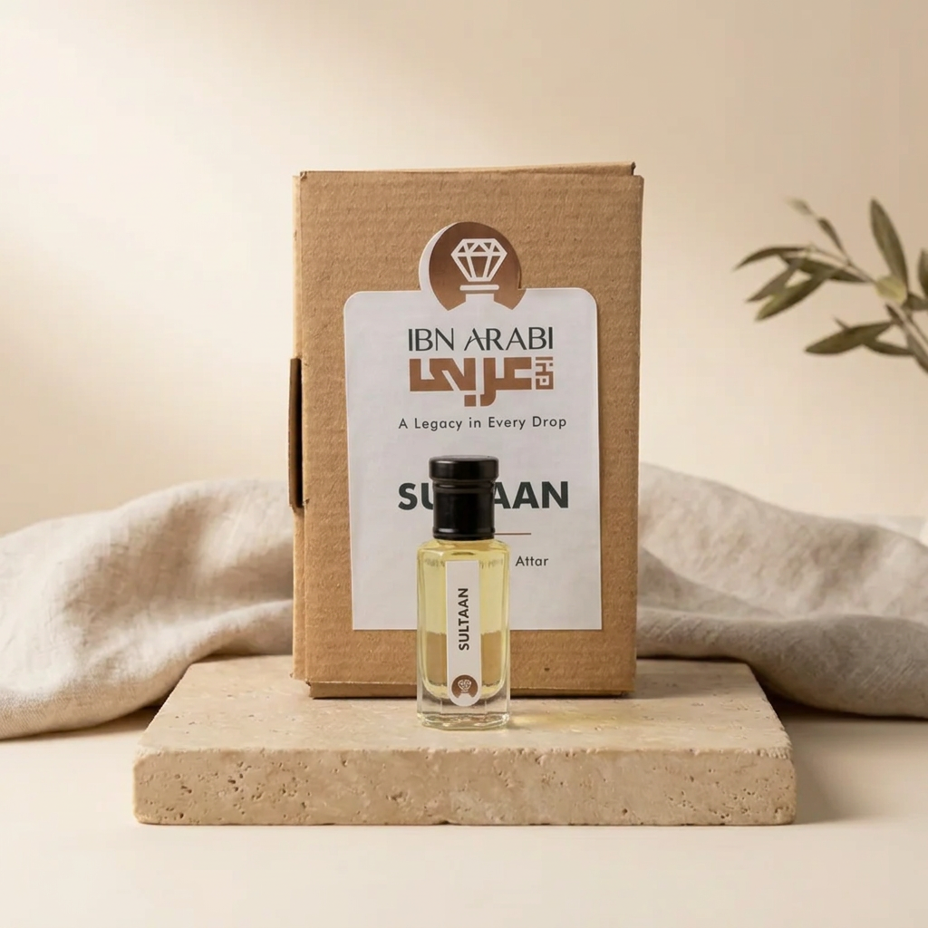 Sultaan by Ibn Arabi 6ml attar bottle beside its labelled packaging box.