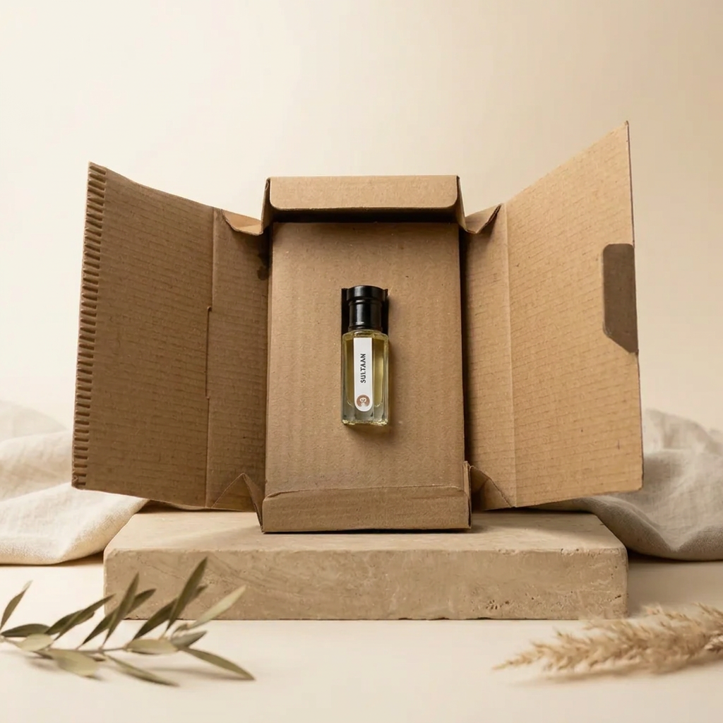 Sultaan by Ibn Arabi 6ml attar bottle presented inside its open packaging box.