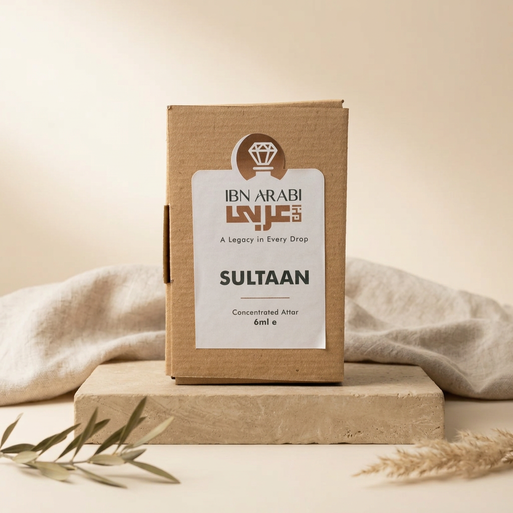 Sultaan by Ibn Arabi 6ml attar packaging box, front view.