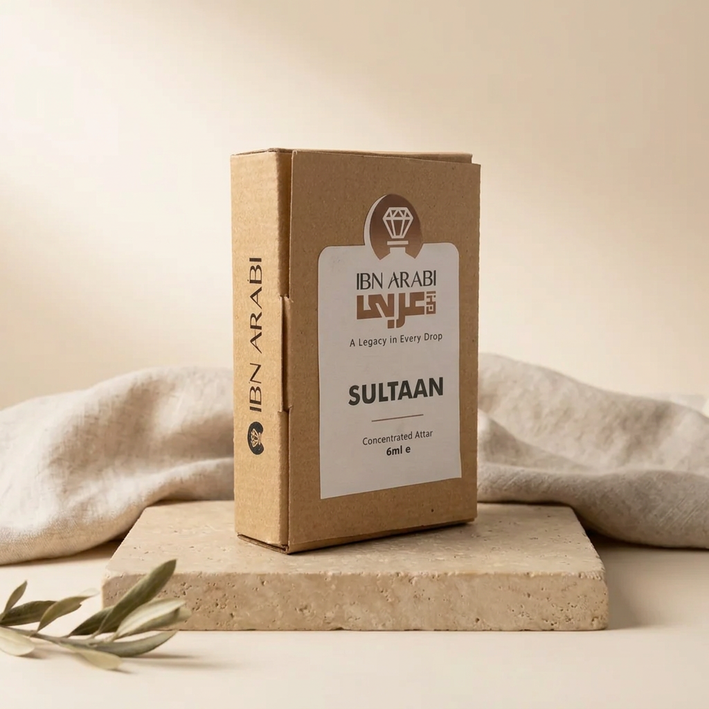 Sultaan by Ibn Arabi 6ml attar packaging box, angled view.