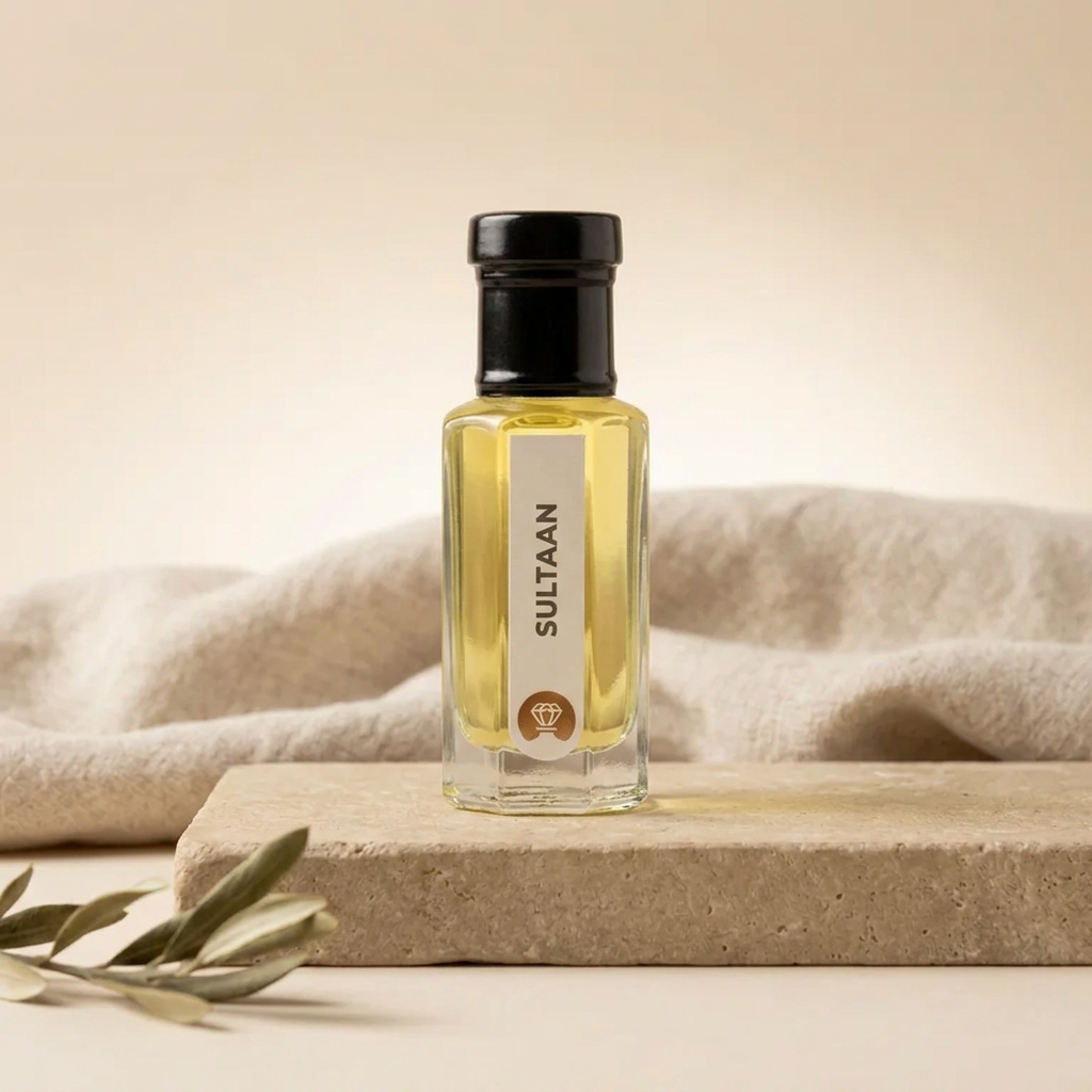 Sultaan by Ibn Arabi 6ml attar bottle, front view on a stone display.