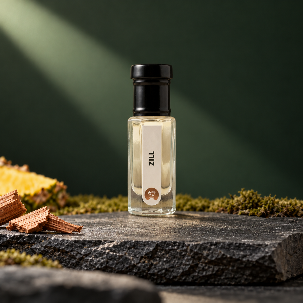 Zill by Ibn Arabi 6ml attar bottle, front view in the moss and mineral studio setting.