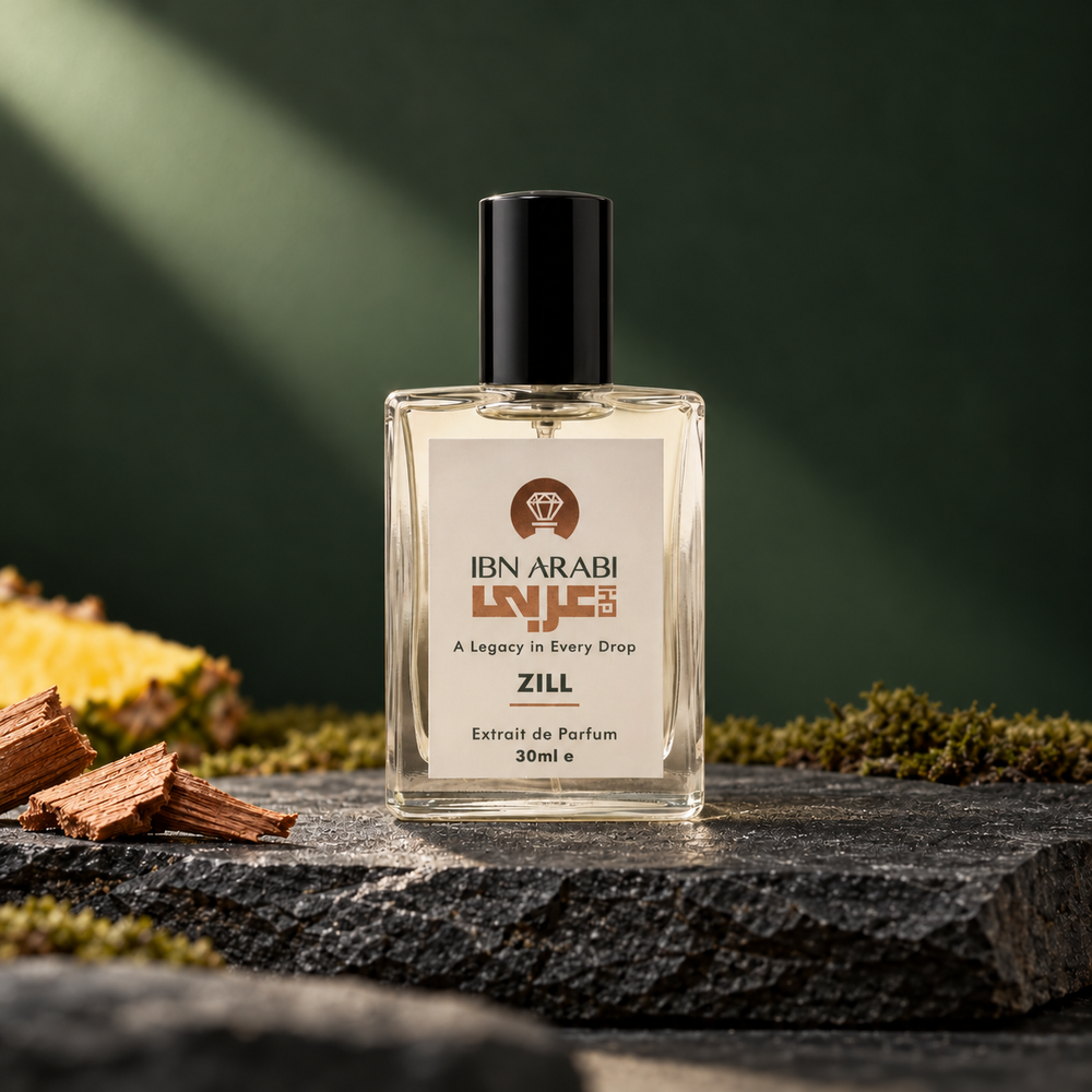 Zill by Ibn Arabi 30ml perfume bottle, front view in the moss and mineral studio setting.