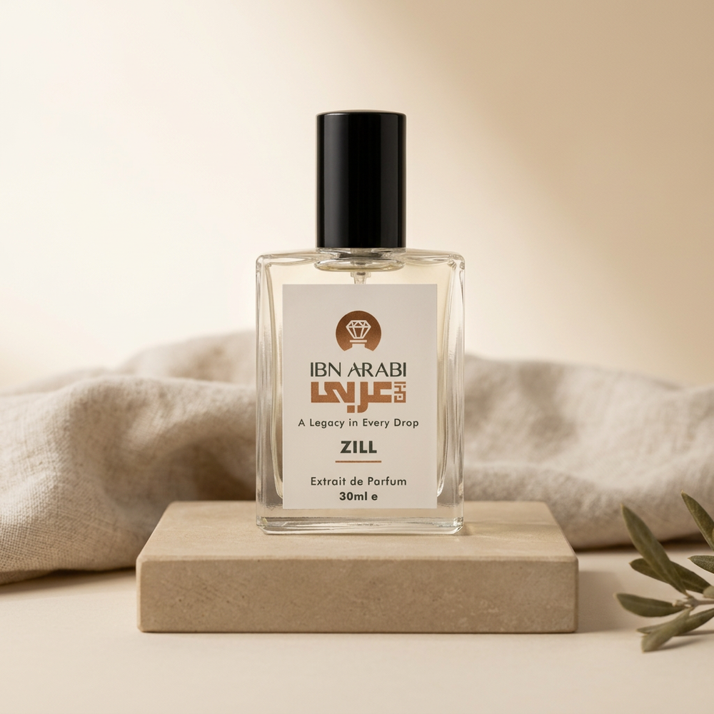 Zill by Ibn Arabi 30ml perfume bottle, front view on a stone display.