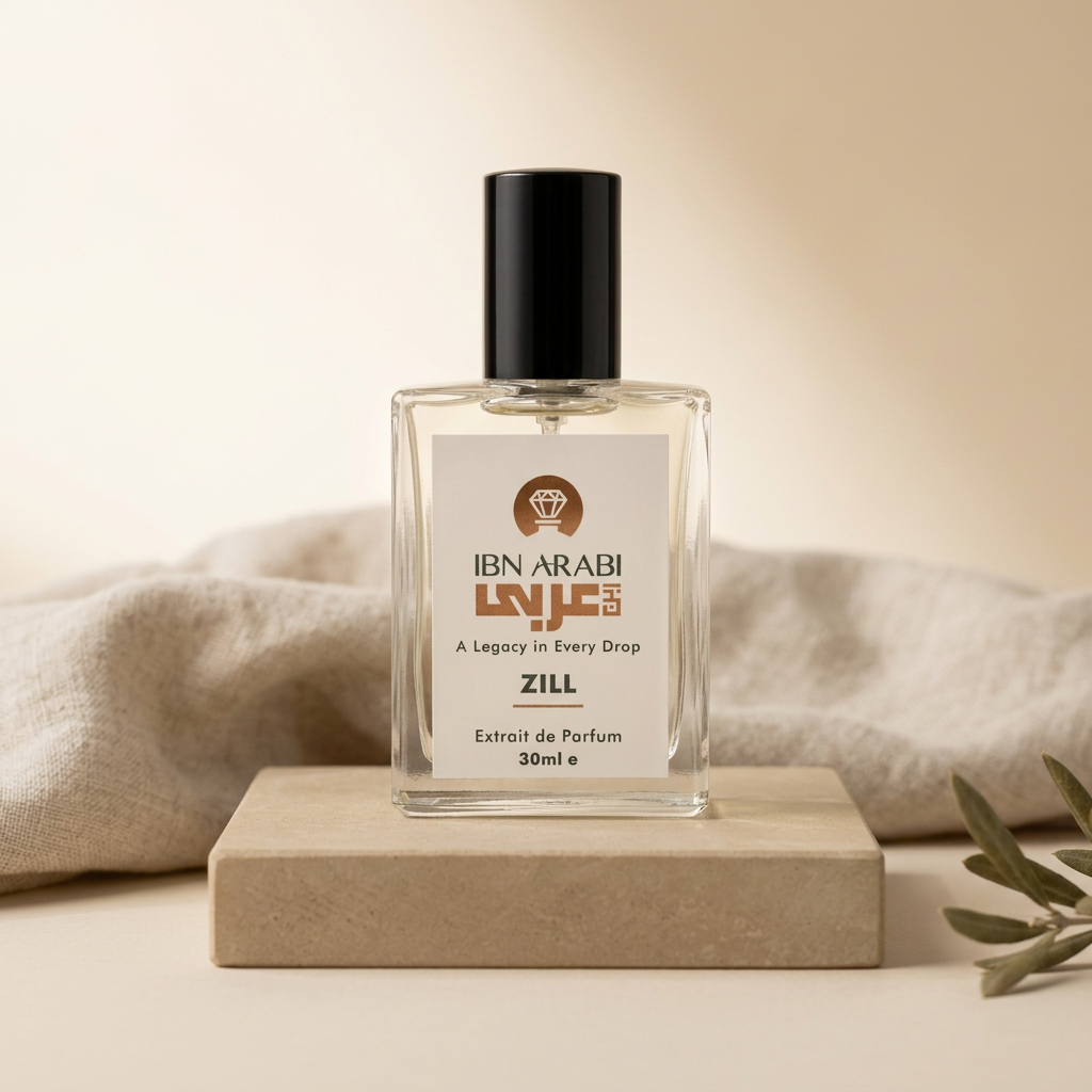 Zill by Ibn Arabi 30ml perfume bottle, front view on a stone display.