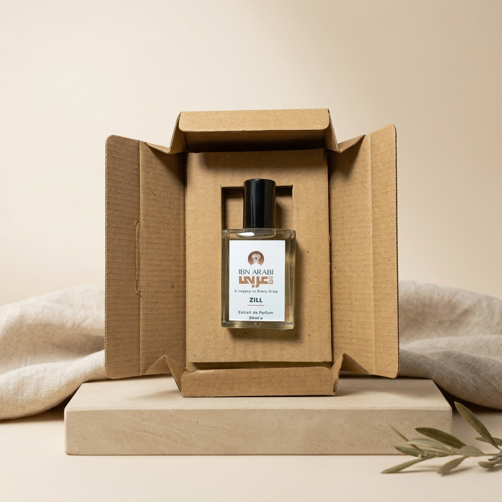 Zill by Ibn Arabi 30ml perfume bottle presented inside its open packaging box.
