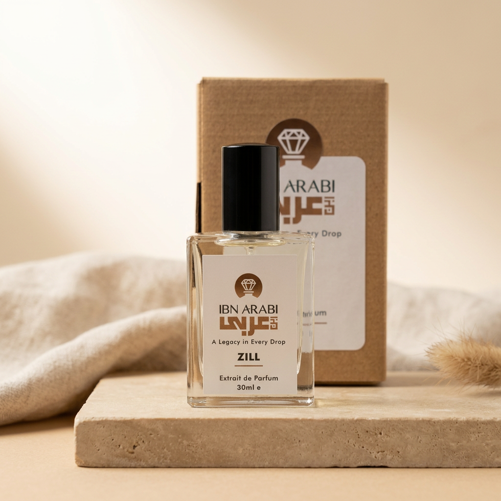 Zill by Ibn Arabi 30ml perfume bottle beside its labelled packaging box.