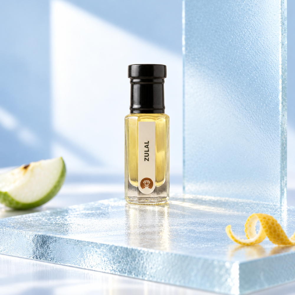 Zulal by Ibn Arabi 6ml attar bottle, front view in the frosted blue clarity studio setting.