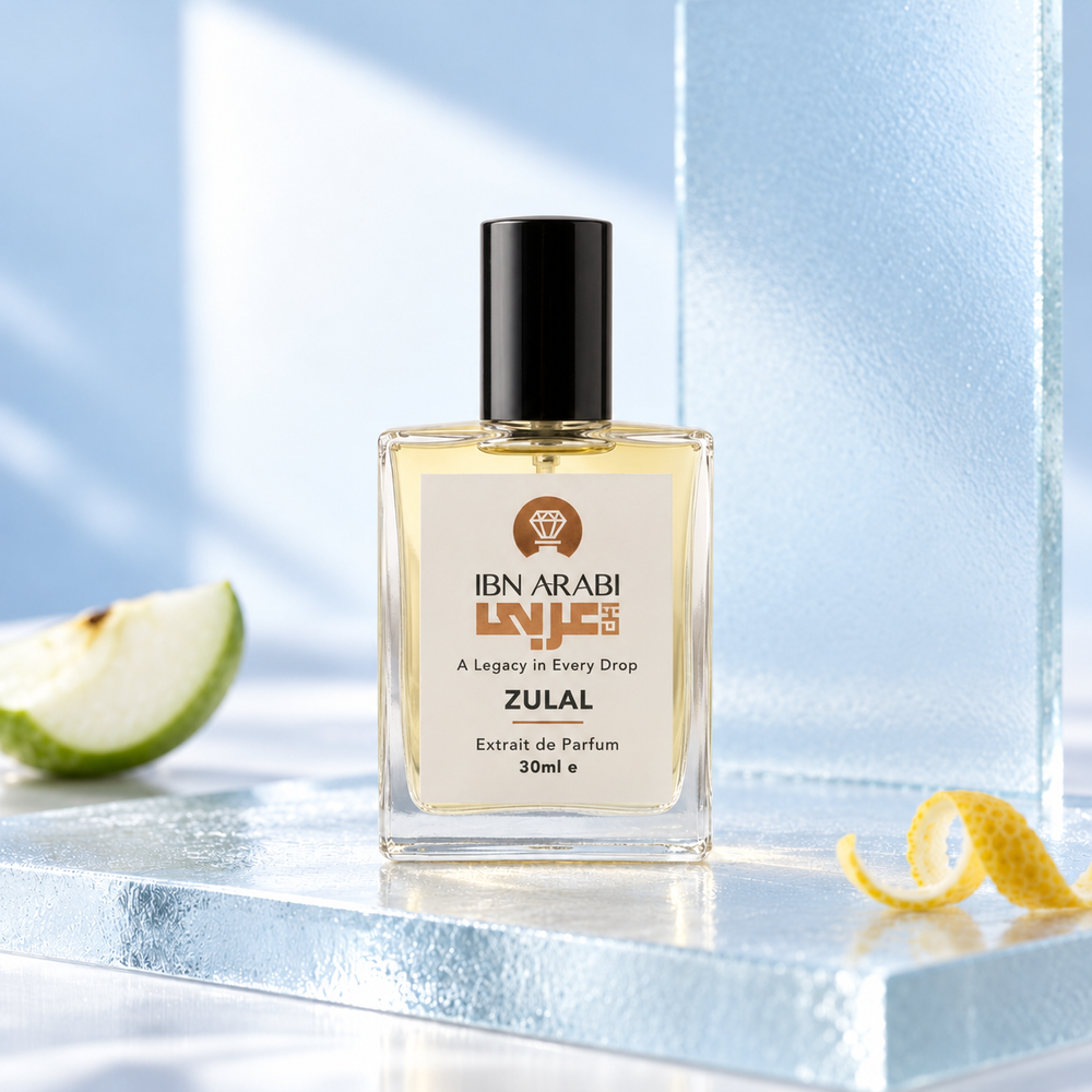Zulal by Ibn Arabi 30ml perfume bottle, front view in the frosted blue clarity studio setting.