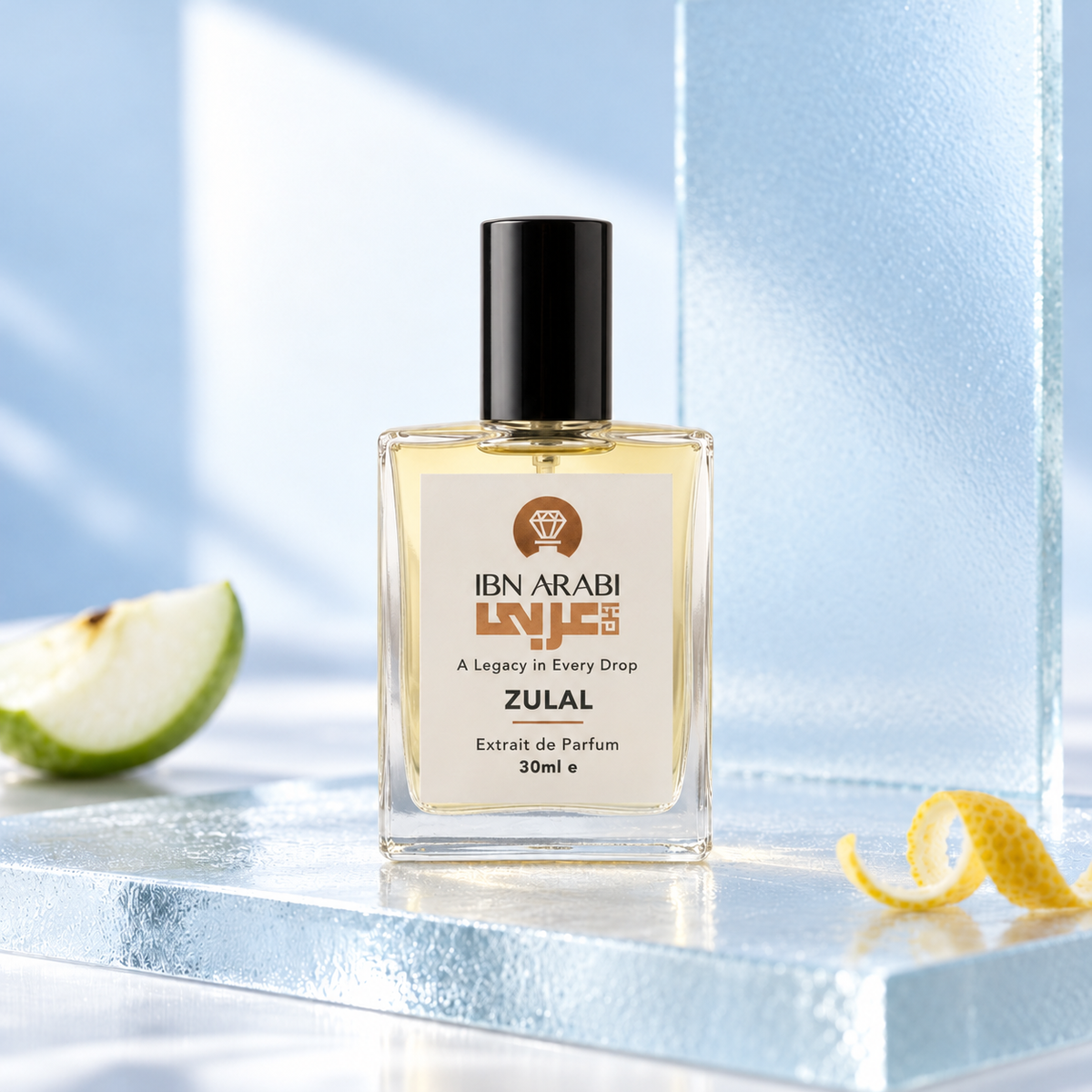 Zulal by Ibn Arabi 30ml perfume bottle, front view in the frosted blue clarity studio setting.