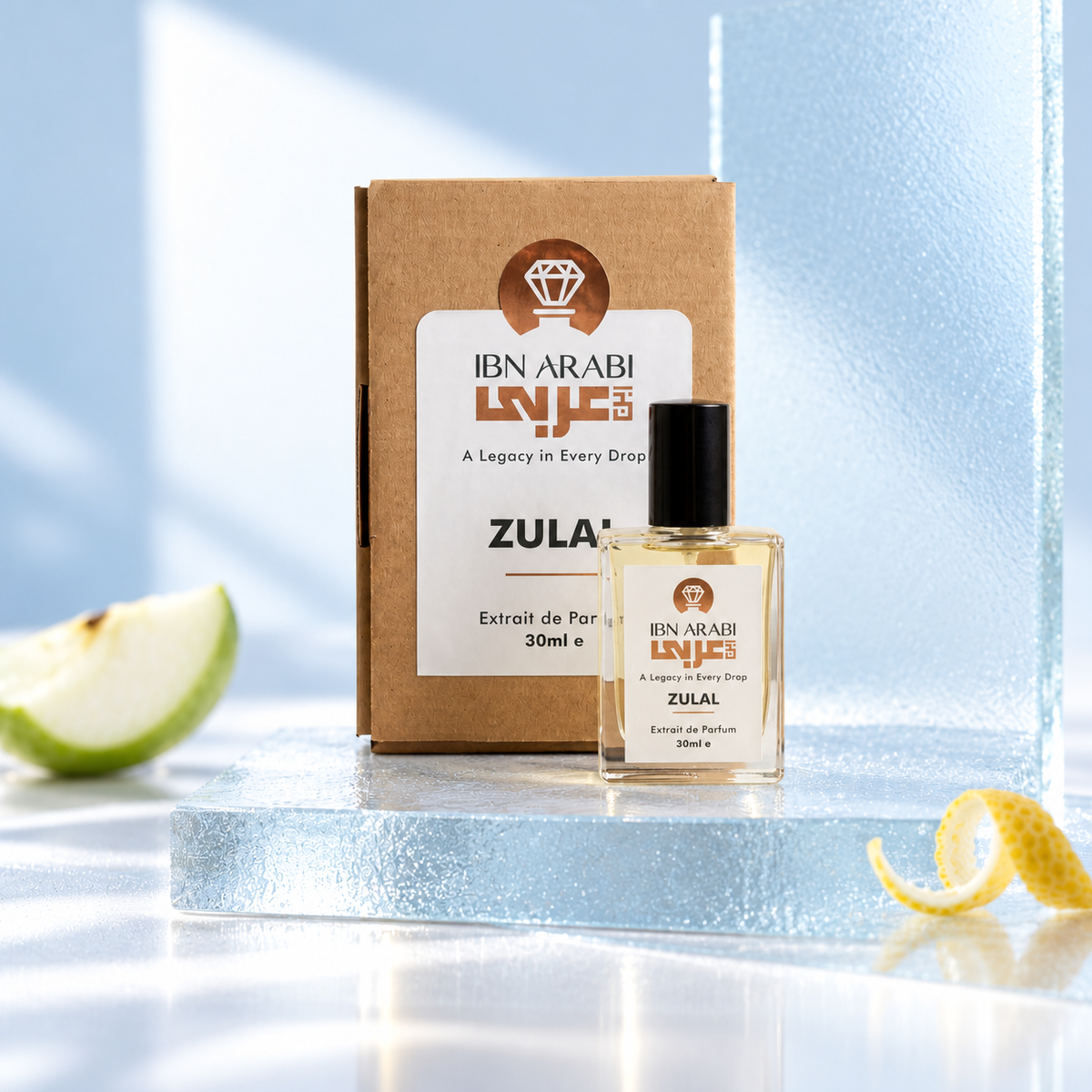 Zulal by Ibn Arabi 30ml perfume bottle beside its labelled packaging box.