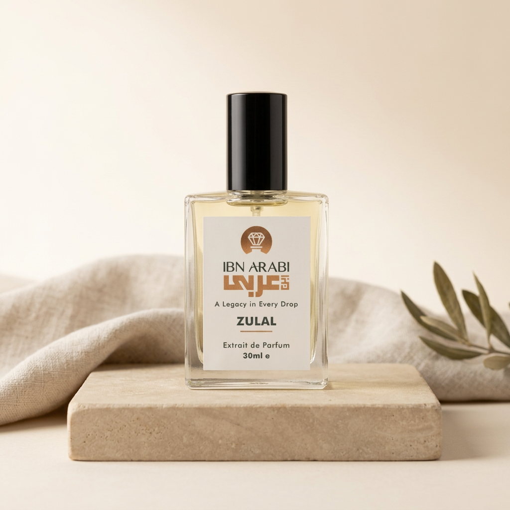 Zulal by Ibn Arabi 30ml perfume bottle, front view on a stone display.
