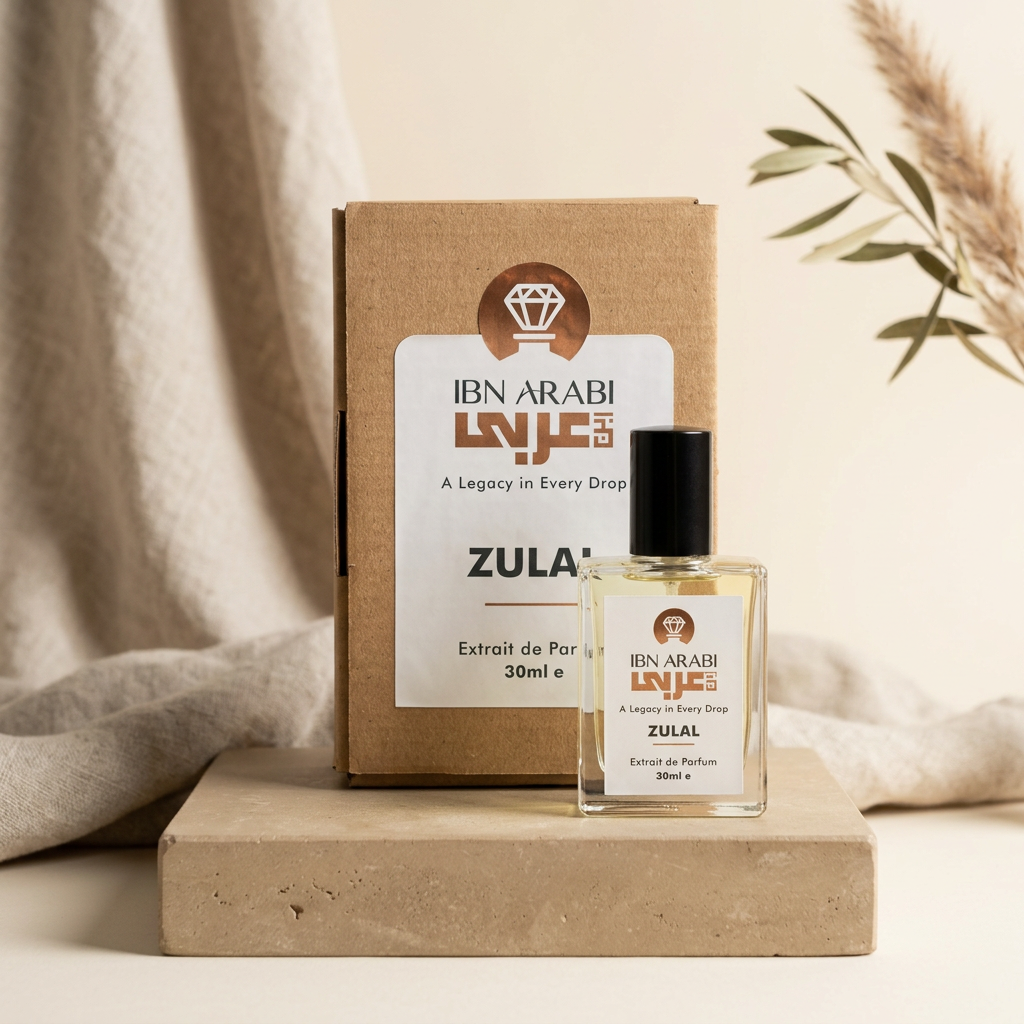 Zulal by Ibn Arabi 30ml perfume bottle beside its labelled packaging box.