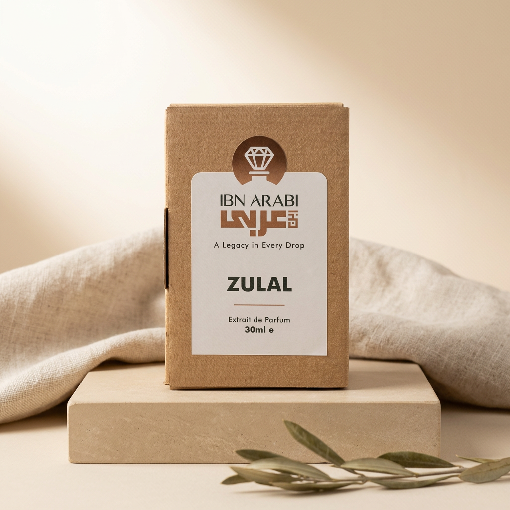 Zulal by Ibn Arabi 30ml perfume packaging box, front view.