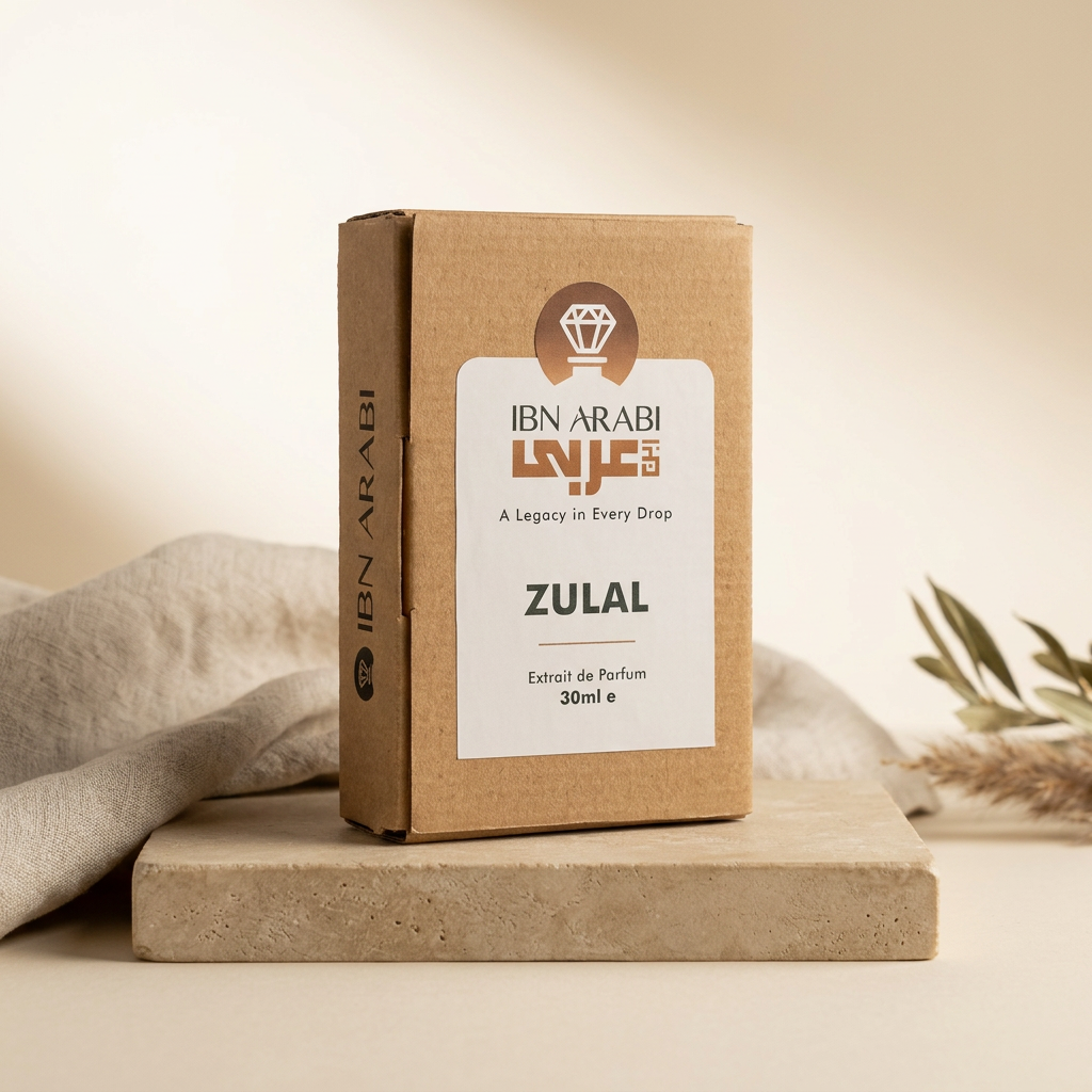 Zulal by Ibn Arabi 30ml perfume packaging box, angled view.