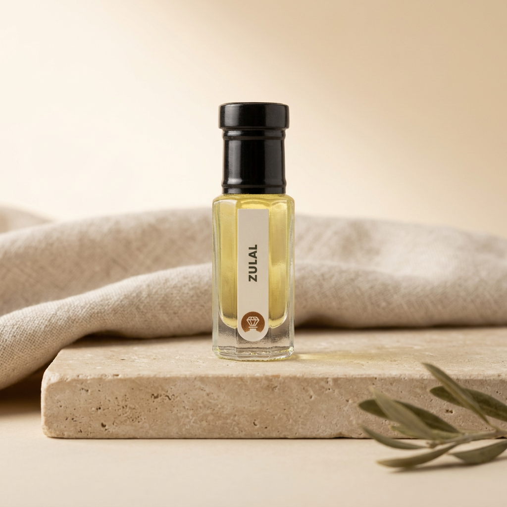 Zulal by Ibn Arabi 6ml attar bottle, front view on a stone display.
