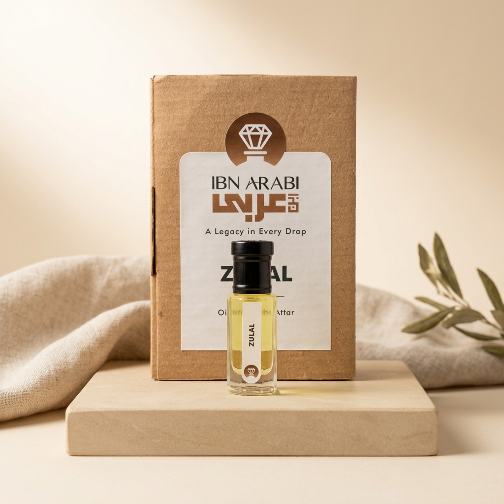 Zulal by Ibn Arabi 6ml attar bottle beside its labelled packaging box.