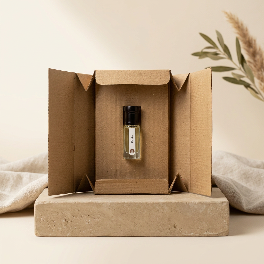 Zulal by Ibn Arabi 6ml attar bottle presented inside its open packaging box.