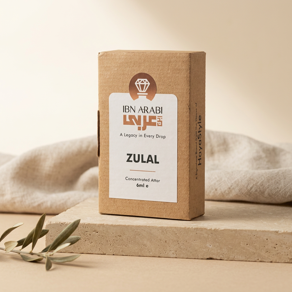 Zulal by Ibn Arabi 6ml attar packaging box, front view.