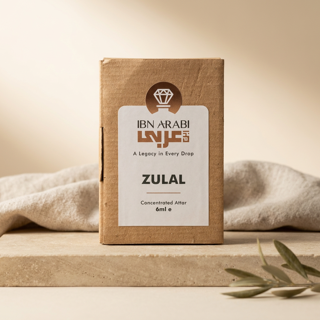 Zulal by Ibn Arabi 6ml attar packaging box, front view.